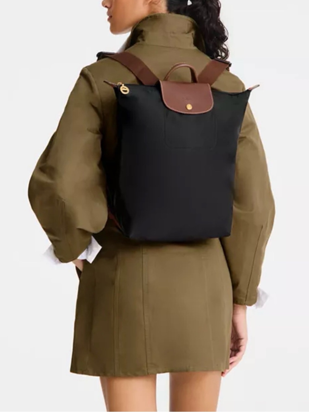 Longchamp Black Backpack with Brown Leather Trim